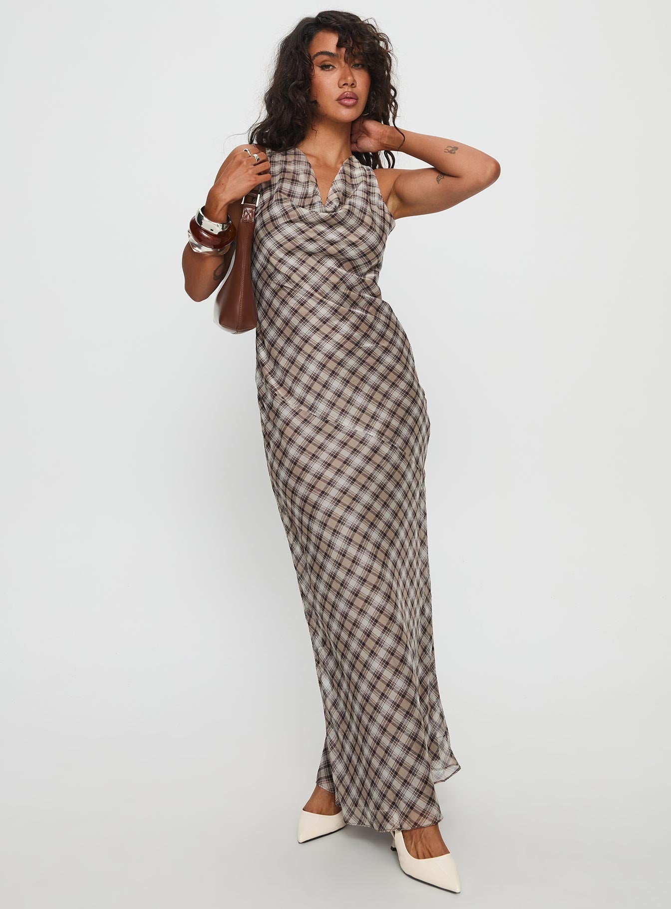 brown check cowl neck midi dress UO Audre Yellow Check Print Cowl Neck Midi Dress