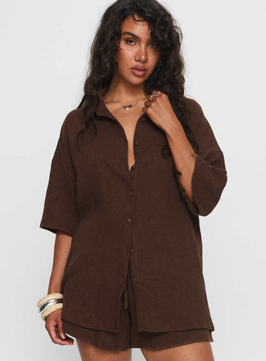Peni Linen Button Down Top Chocolate