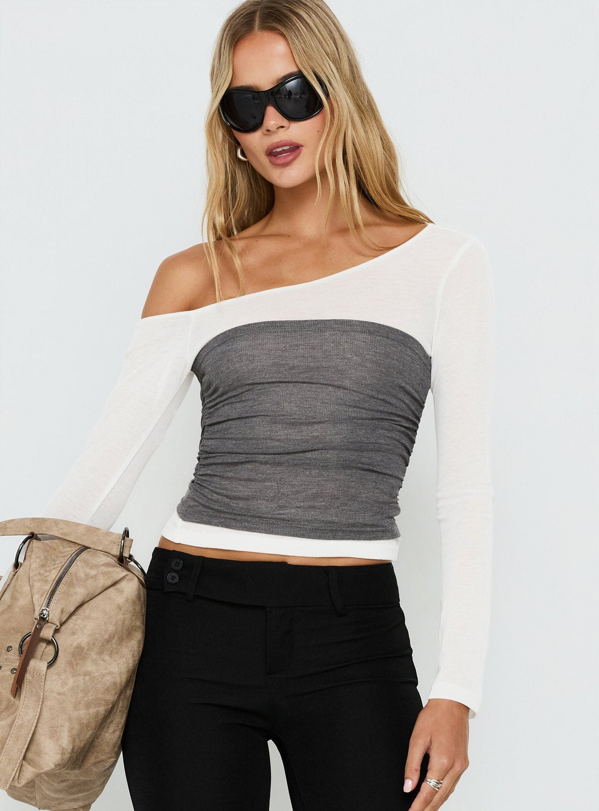 Norra Layered Off Shoulder Long Sleeve Top Grey / White