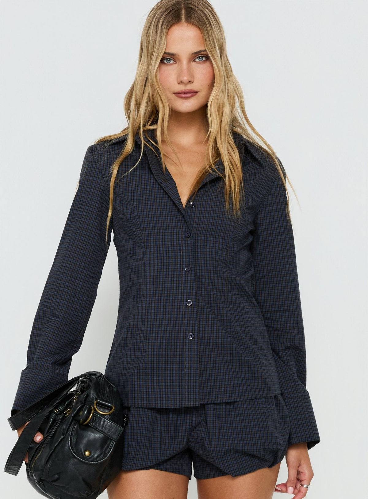 Amorah Cinched Longline Shirt Navy Check
