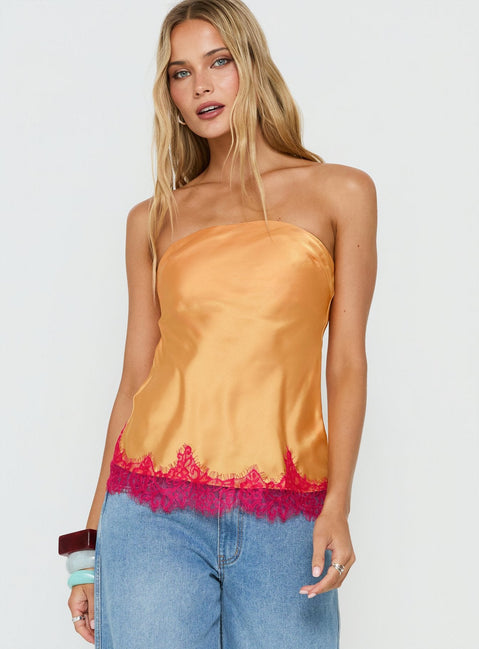 Fiorelle Strapless Lace Trim Satin Top Orange / Pink