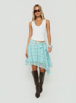 Ophella Tie Waist Chiffon Midi Skirt Aqua Check