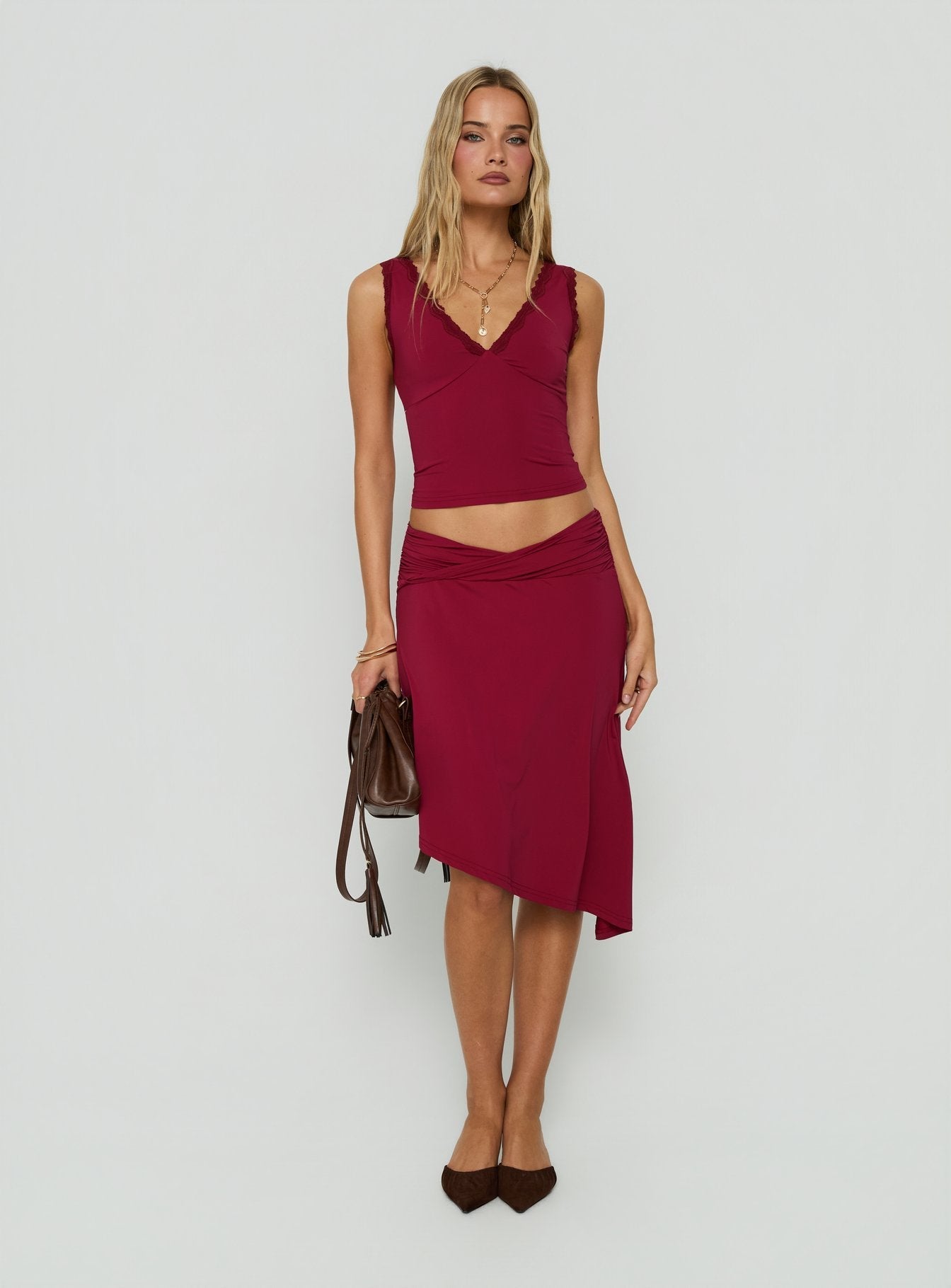 Phoebella Asymmetrical Midi Skirt Burgundy