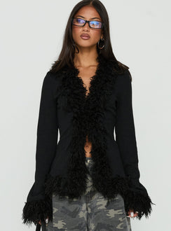 Brynlie Faux Fur Trim Boxy Cardigan Black