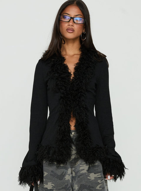Brynlie Faux Fur Trim Boxy Cardigan Black