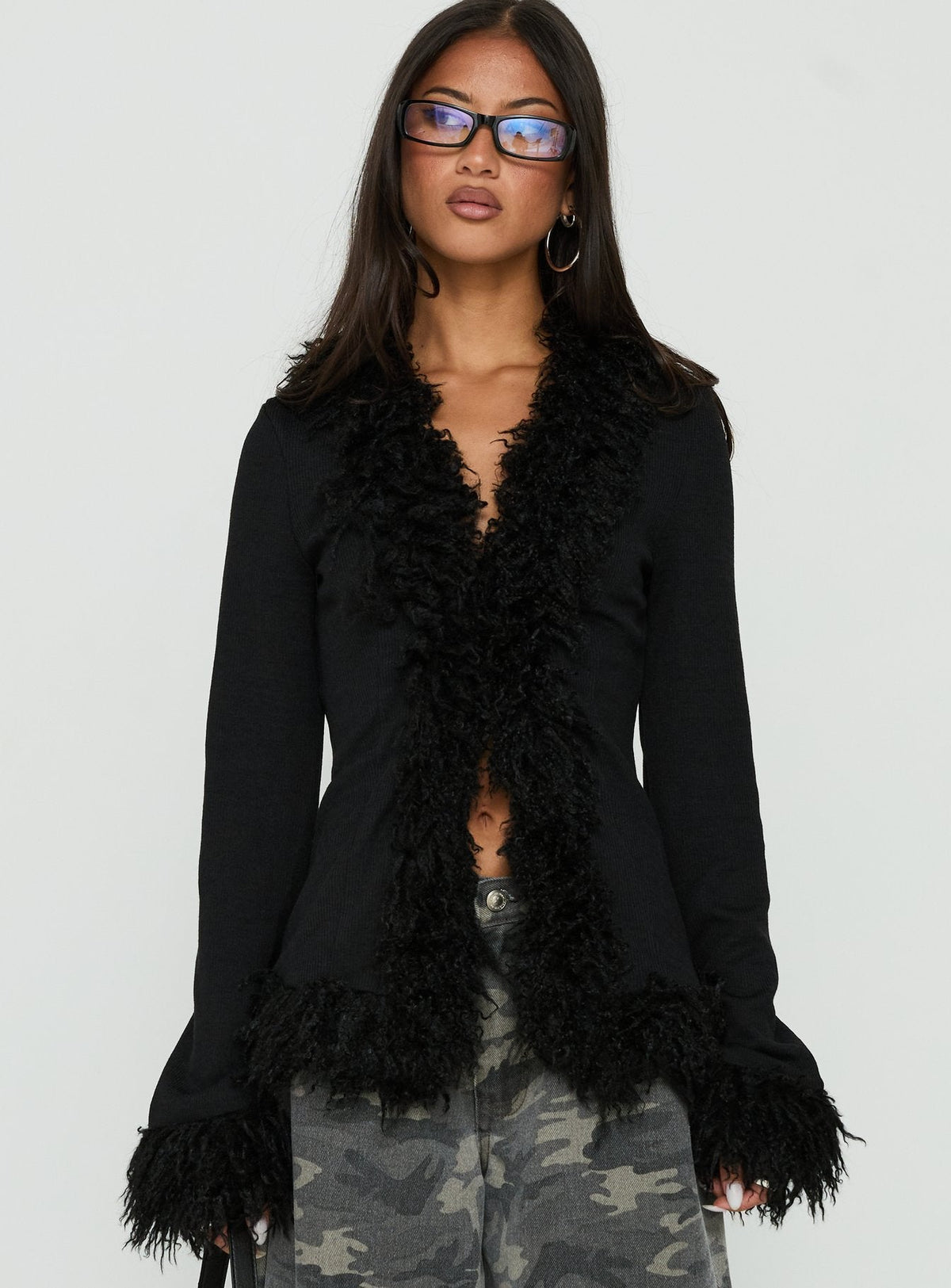 Featuring the Brynlie Faux Fur Trim Boxy Cardigan in Black womens-jumpers with short length detail Princess Polly