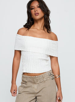 front view of model wearing Princess Polly Murmur Off Shoulder Top White Short Sleeves straight 