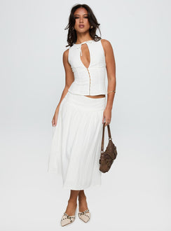   side view of model wearing Princess Polly Heart Of Gold Linen Blend Midi Skirt White Midi Skirts 