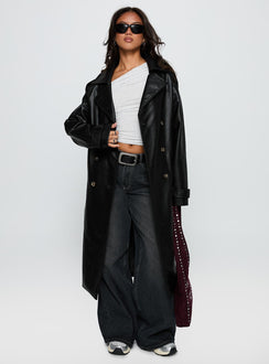 For The Fame Faux Leather Trench Coat Black