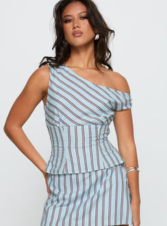 front view of model wearing Princess Polly Del Rio Off The Shoulder Top Blue / Maroon Short Sleeves Asymmetric Neckline 