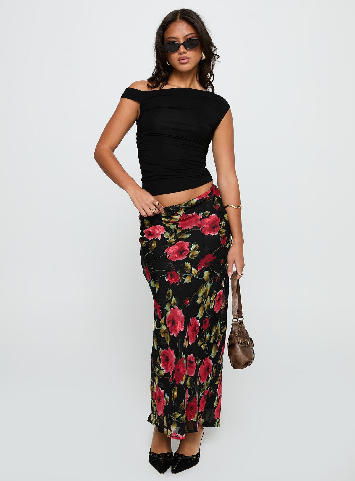   front view of model wearing Princess Polly Emaretta Maxi Skirt Multi Floral Skirts 