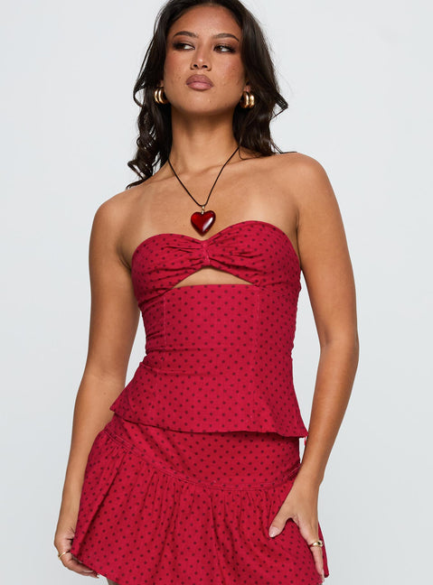 front view of model wearing Princess Polly Kandee Twist Linen Blend Top Red Polka Sleeveless Sweetheart 