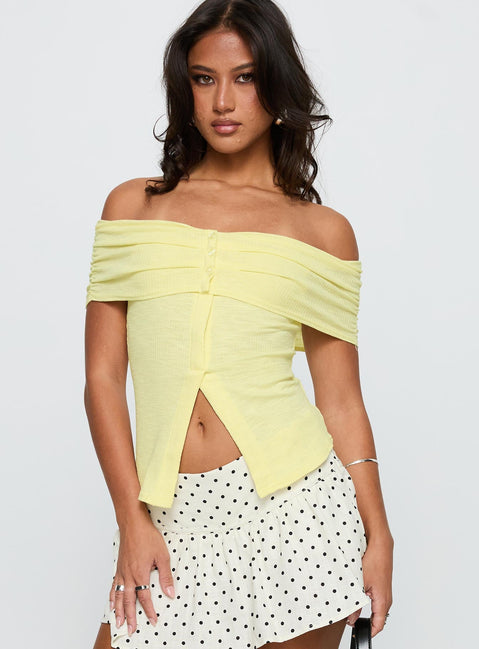 front view of model wearing Princess Polly Azusa Off The Shoulder Top Yellow Short Sleeves straight 