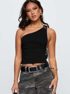 front view of model wearing Princess Polly Buckled Down One Shoulder Top Black Sleeveless Asymmetric Neckline 