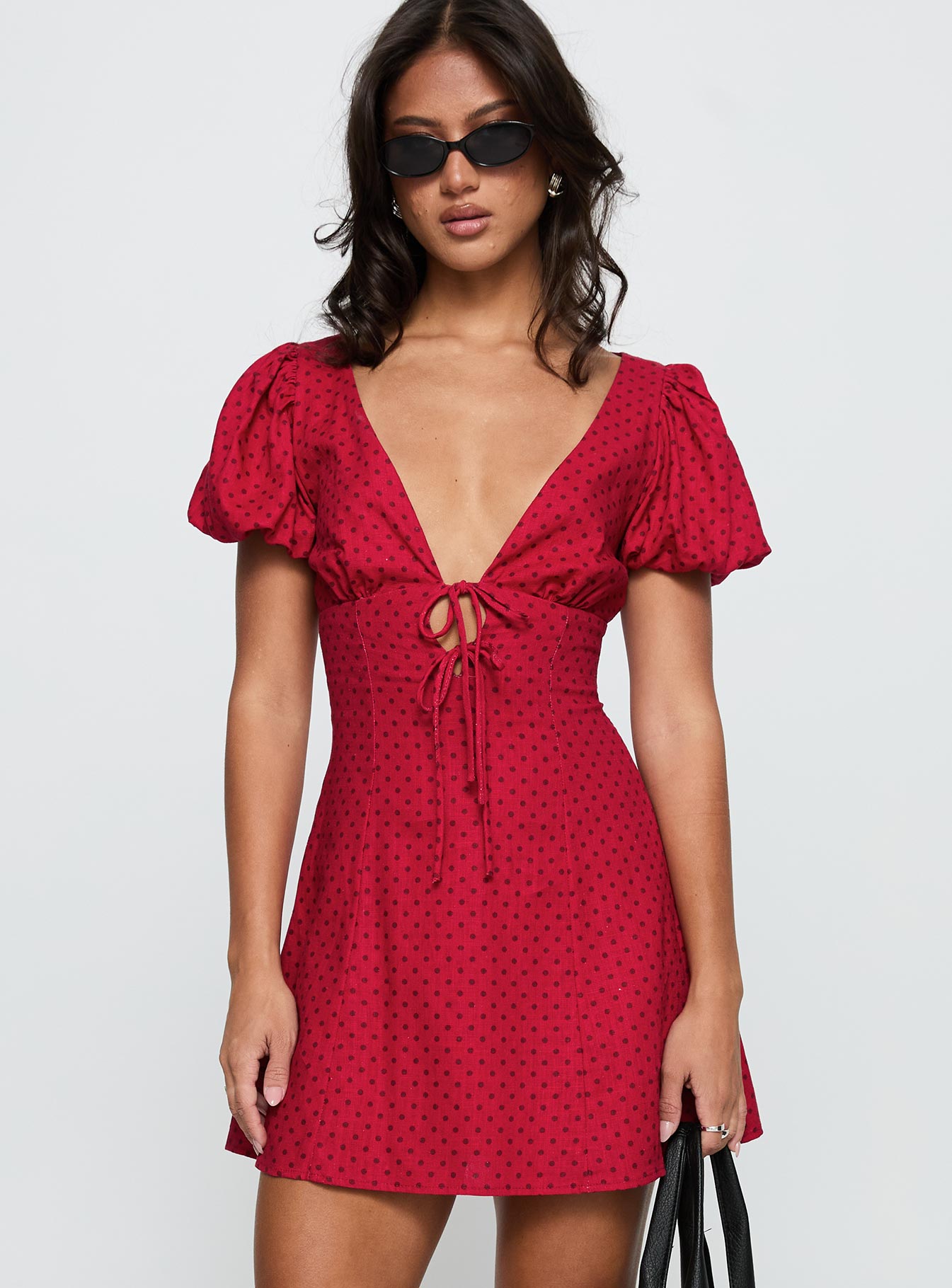back view of model wearing Princess Polly Beloved Puff Sleeve Linen Blend Mini Dress Red Polka Plunger 