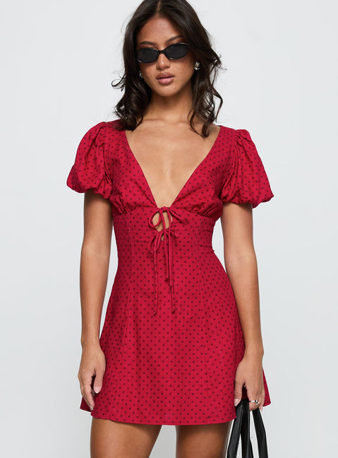 back view of model wearing Princess Polly Beloved Puff Sleeve Linen Blend Mini Dress Red Polka Plunger 