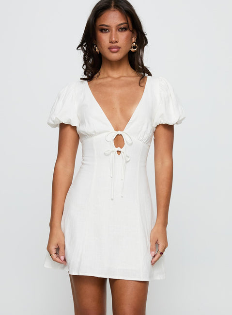 side view of model wearing Princess Polly Beloved Puff Sleeve Linen Blend Mini Dress White Plunger 