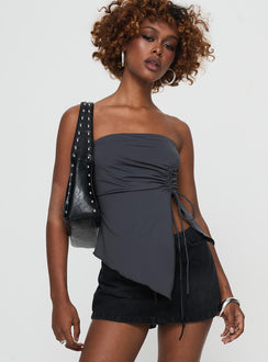 front view of model wearing Princess Polly Dessy Strapless Top Slate Sleeveless straight 