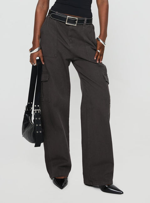 front view of model wearing Princess Polly Pawley Cargo Pants Slate High Waisted Pants 