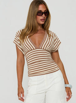 Eleanorre Batwing V Neck Top Brown Stripe