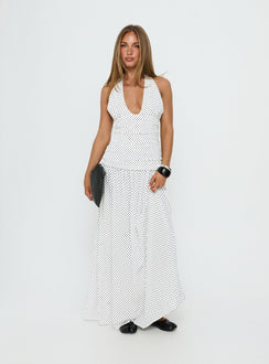 Millen Gathered Waist Halter Maxi Dress White Polka Dot