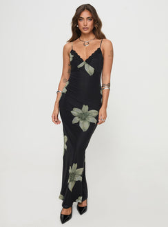side view of model wearing Princess Polly Stardrop Maxi Dress Black Floral V-Neck 