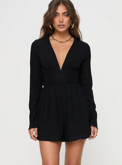 Long sleeve playsuit Plunging neckline, flared sleeves, tie fastening at back Good stretch, fully lined 