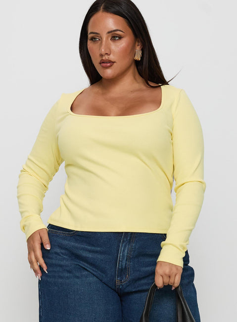 front view of model wearing Princess Polly Baseline Long Sleeve Top Yellow Curve Full Sleeves Scoop Neck 