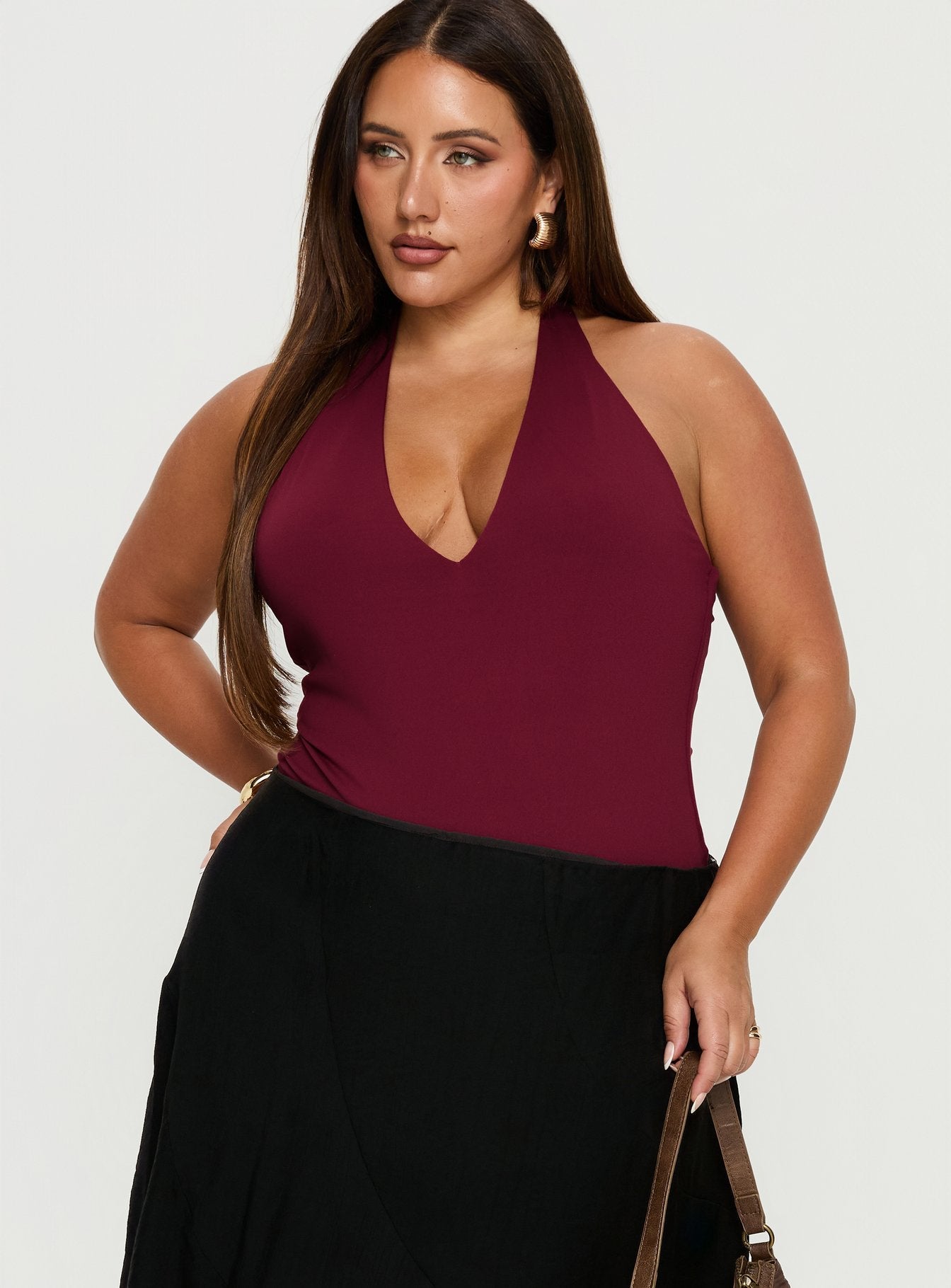 Someone New Halter Bodysuit Burgundy Curve