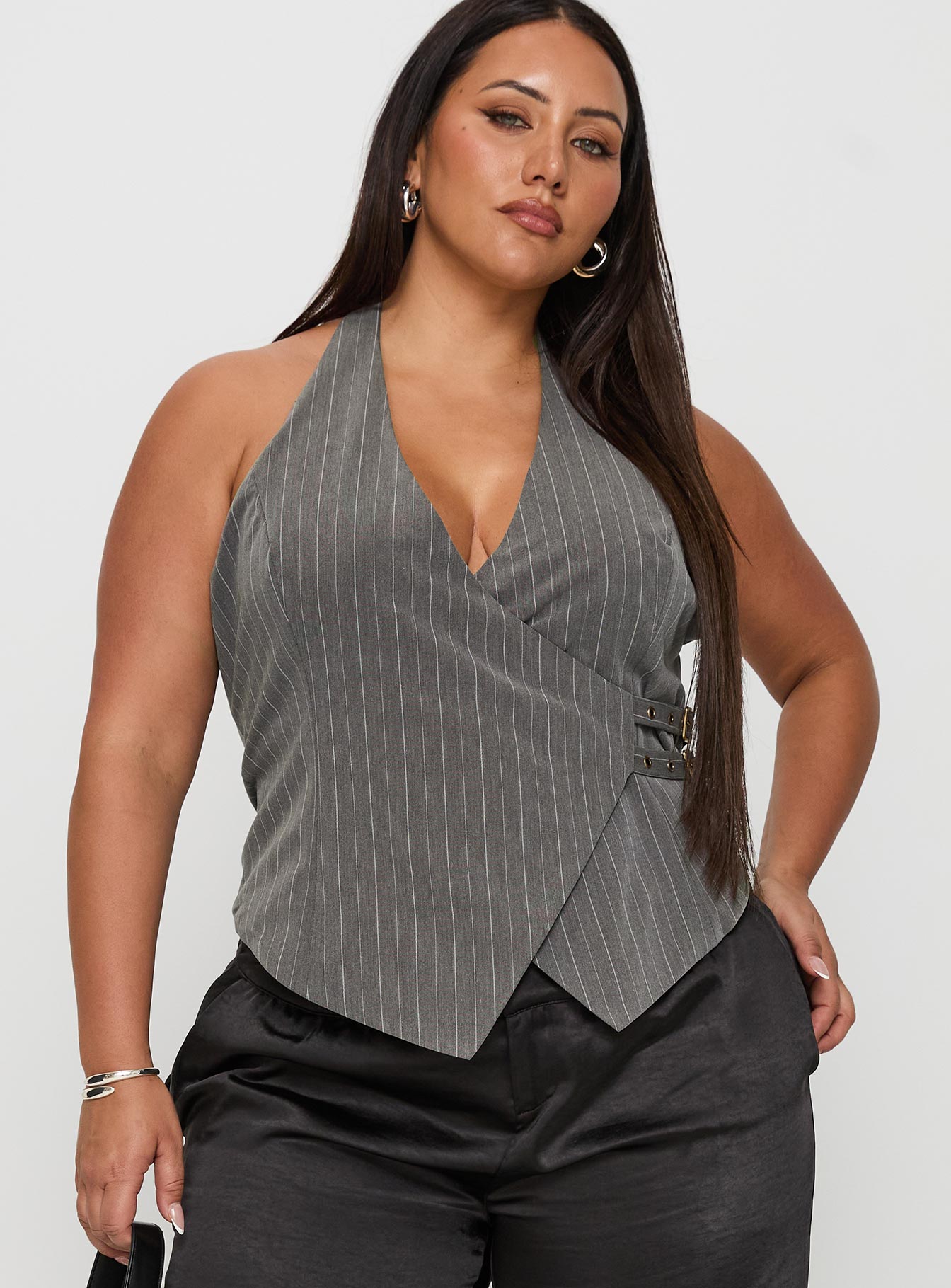 Calexico Buckle Halter Top Grey Pinstripe Curve