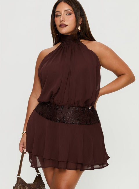 Zenayda Drop Waist Sequin Mini Dress Brown Curve