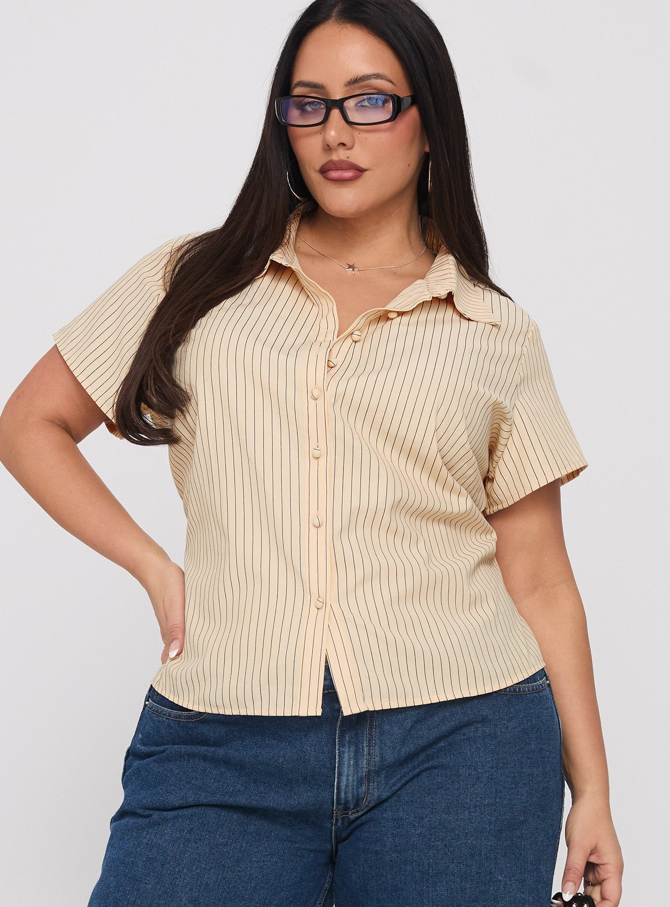 Lift Off Button Up Top Cream / Navy Stripe Curve