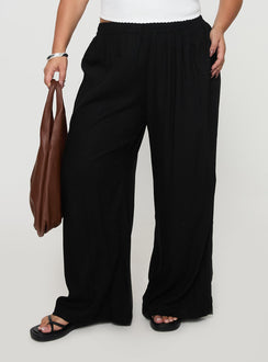 back view of model wearing Princess Polly Louis Linen Blend Pants Black Curve High Waisted Pants 