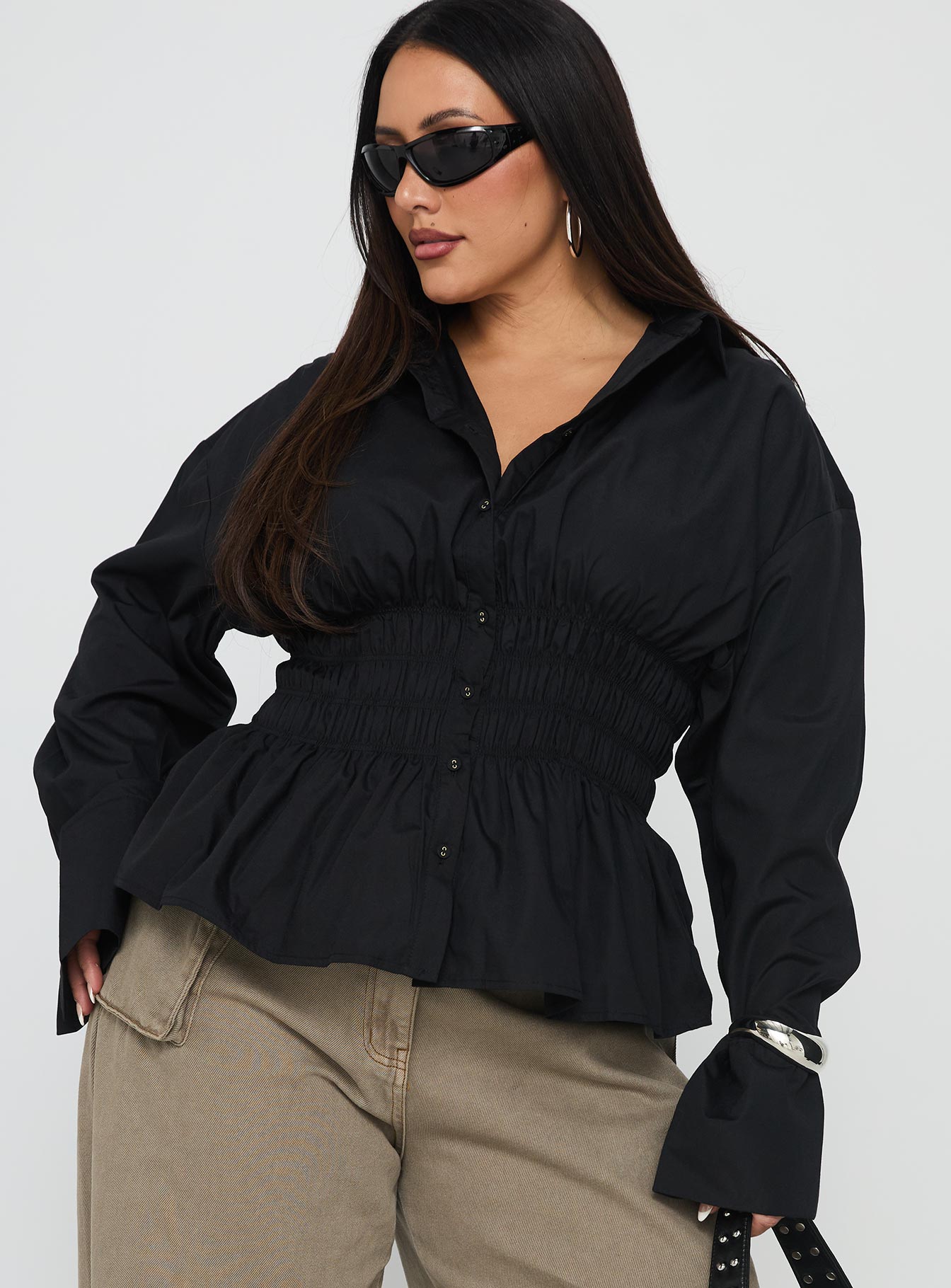 As You Are Shirred Button Up Top Black Curve