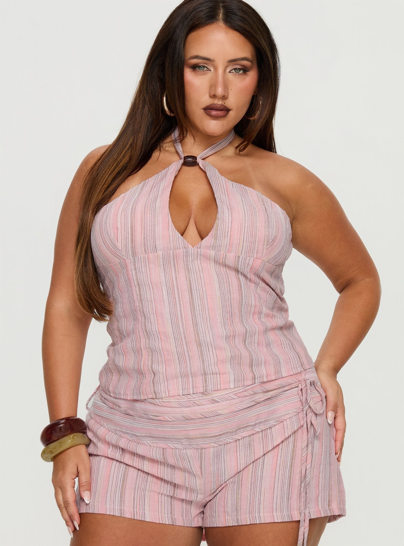 Electric Night Halter Tie Back Top Pink Stripe Curve