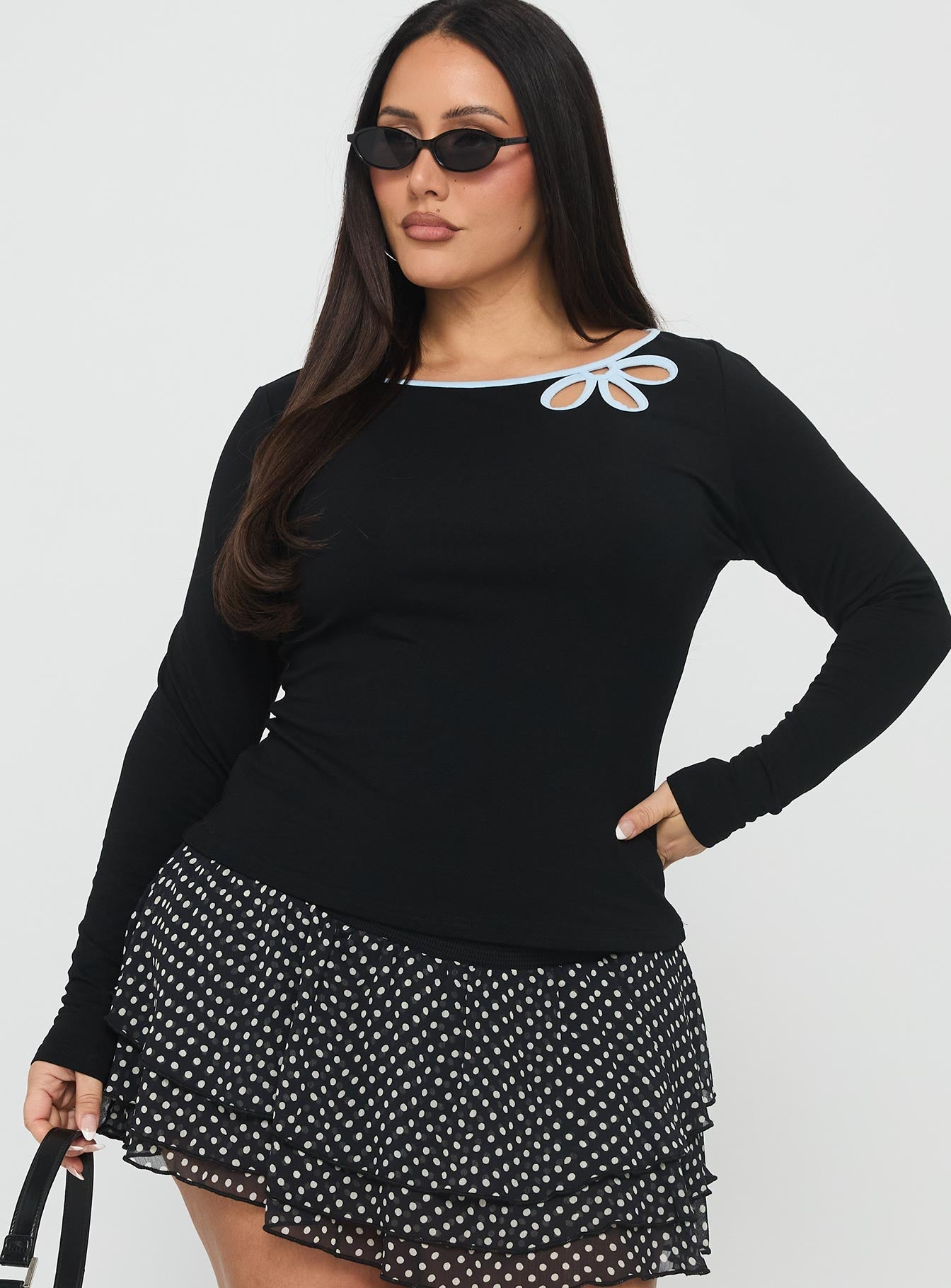 Double Back Floral Cut Out Long Sleeve Top Black Curve