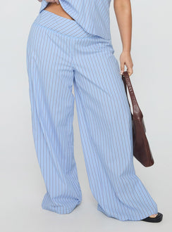 back view of model wearing Princess Polly Sofea Mid Rise Pant Blue Stripe Curve High Waisted Pants 