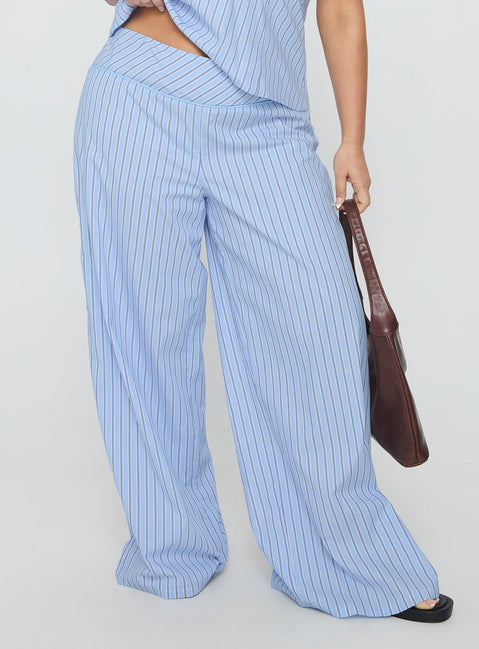 back view of model wearing Princess Polly Sofea Mid Rise Pant Blue Stripe Curve High Waisted Pants 