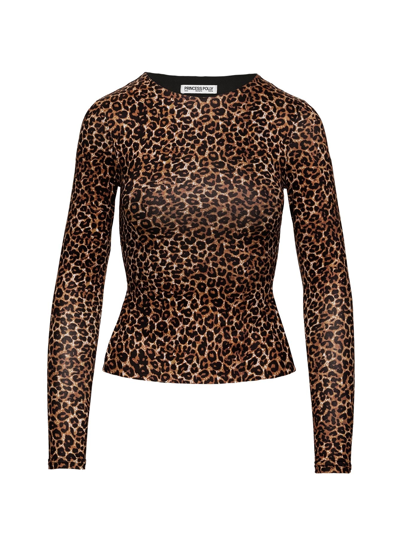 front view of model wearing Princess Polly Uzo Long Sleeve Top Leopard Full Sleeves High Neck 