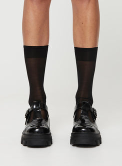 Loafer heels, faux patent leather material Buckle fastening, platform base, rounded toe, treaded sole