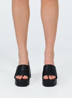 Black mules Faux leather material Single wide upper Block heel Platform base