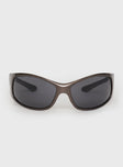 Sunglasses Wrap around style, smoke tinted lens, moulded nose bridge, star detail