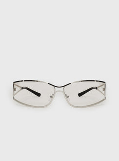 Silver-toned sunglasses Metal frame, silver tinted lenses, silicone nose pads, thick temples, black detail tip temples