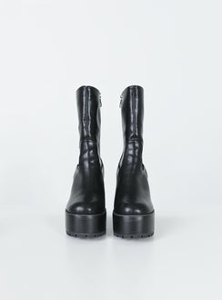 Boots Faux leather material  Mid-calf length  Zip fastening at side  Rounded toe Platform base  Block heel  Treaded sole