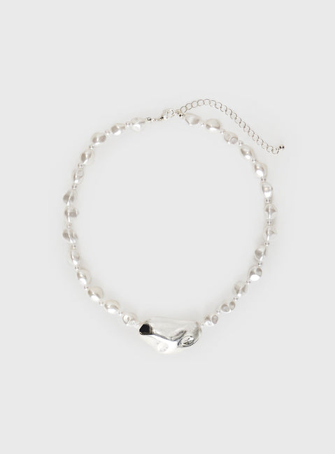 Silver-toned necklace Pearl detail, large pendant, lobster clasp fastening
