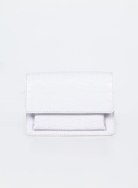 White bag Faux croc print Twin magnetic button fastening Adjustable straps Double compartments Gold-toned hardware