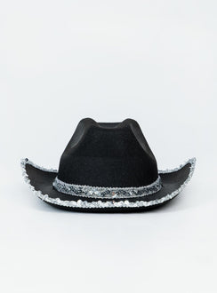 Cowboy hat 50% polyester 50% acrylic Faux felt material  Sequin rim & headband  Stiff curved brim  OSFM 