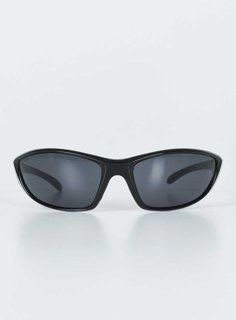 Sunglasses Wrap around design Light weight frame Black tinted lenses Moulded nose bridge