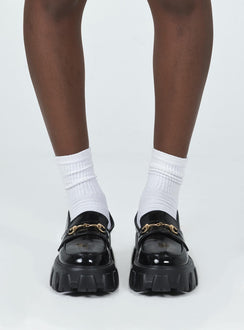 Loafers Faux patent leather Platform base Treaded sole Gold-toned snaffle detail Rounded toe