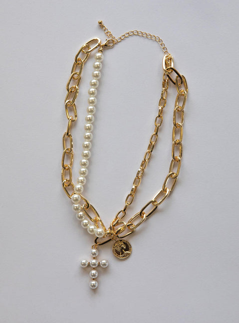 Necklace set Gold toned Thick chain Faux pearl detailing Cross charm